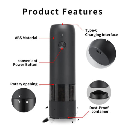 Auto Gravity Spice Grinder|DUAL CHAMBER 30s Switch|IPX6 Waterproof Body|USB-C Fast Charging for Camping|Gift Box Chef's Favorite