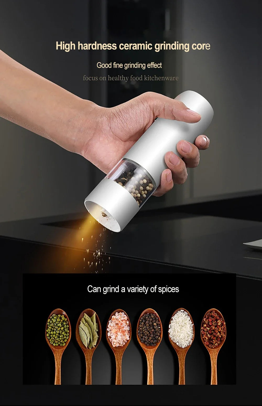Auto Gravity Spice Grinder|DUAL CHAMBER 30s Switch|IPX6 Waterproof Body|USB-C Fast Charging for Camping|Gift Box Chef's Favorite
